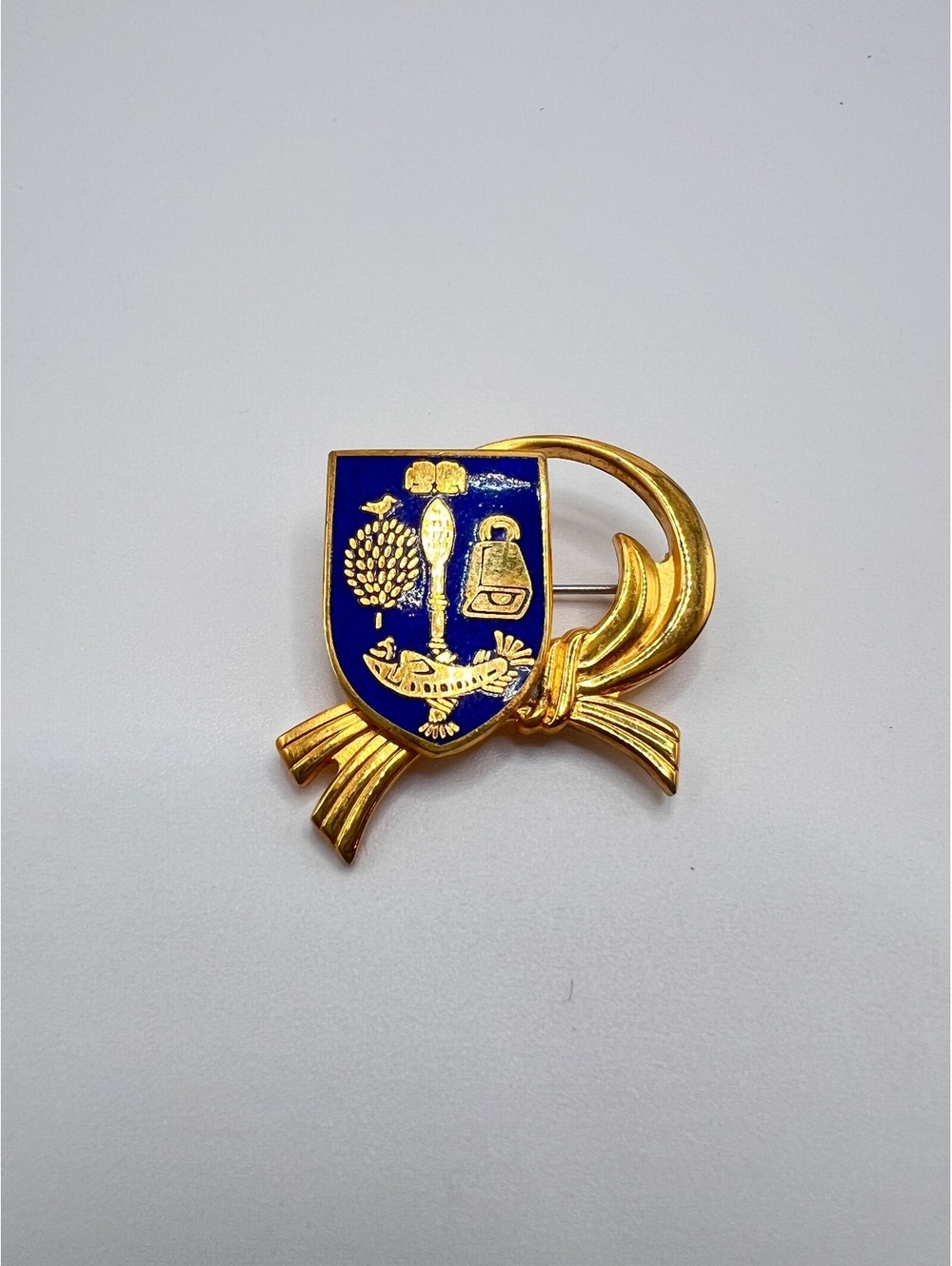 Vintage Blue Enamel Heraldic Crest Shield Gold Tone Brooch Pin